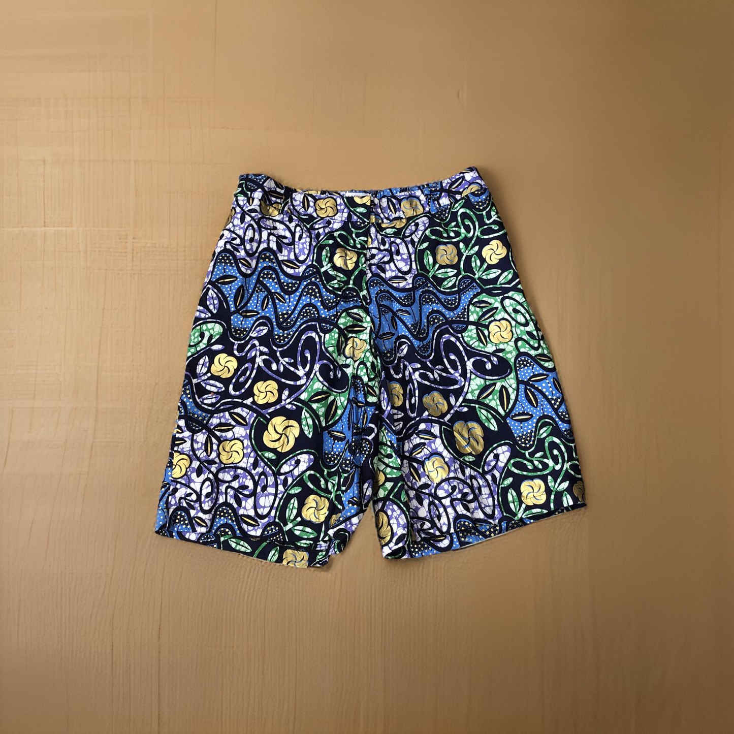 Blue, Green, and Gold Motif Long Shorts