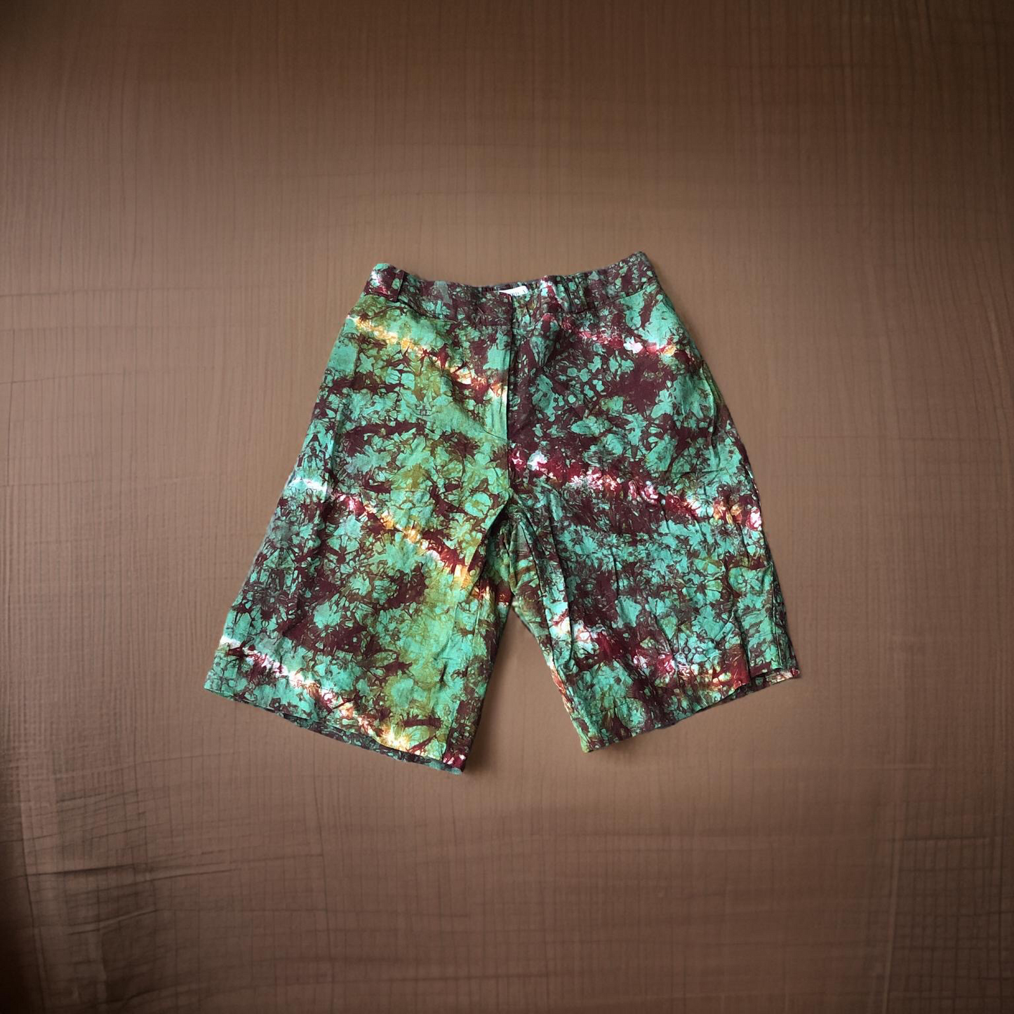 Dark Red and Green Tie Die Long Shorts