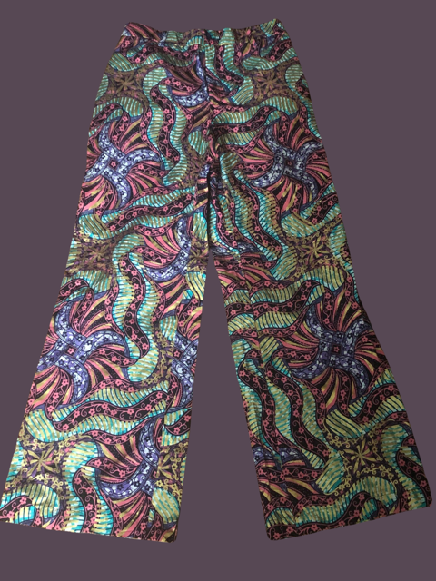 Multi-color and Gold Metallic Print Wide Leg Pants
