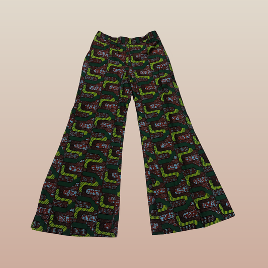 Dark Green and Red Puzzle Print Bell Bottom Pants