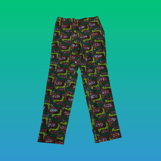 Dark Green and Red Puzzle Print Straight Leg Pants