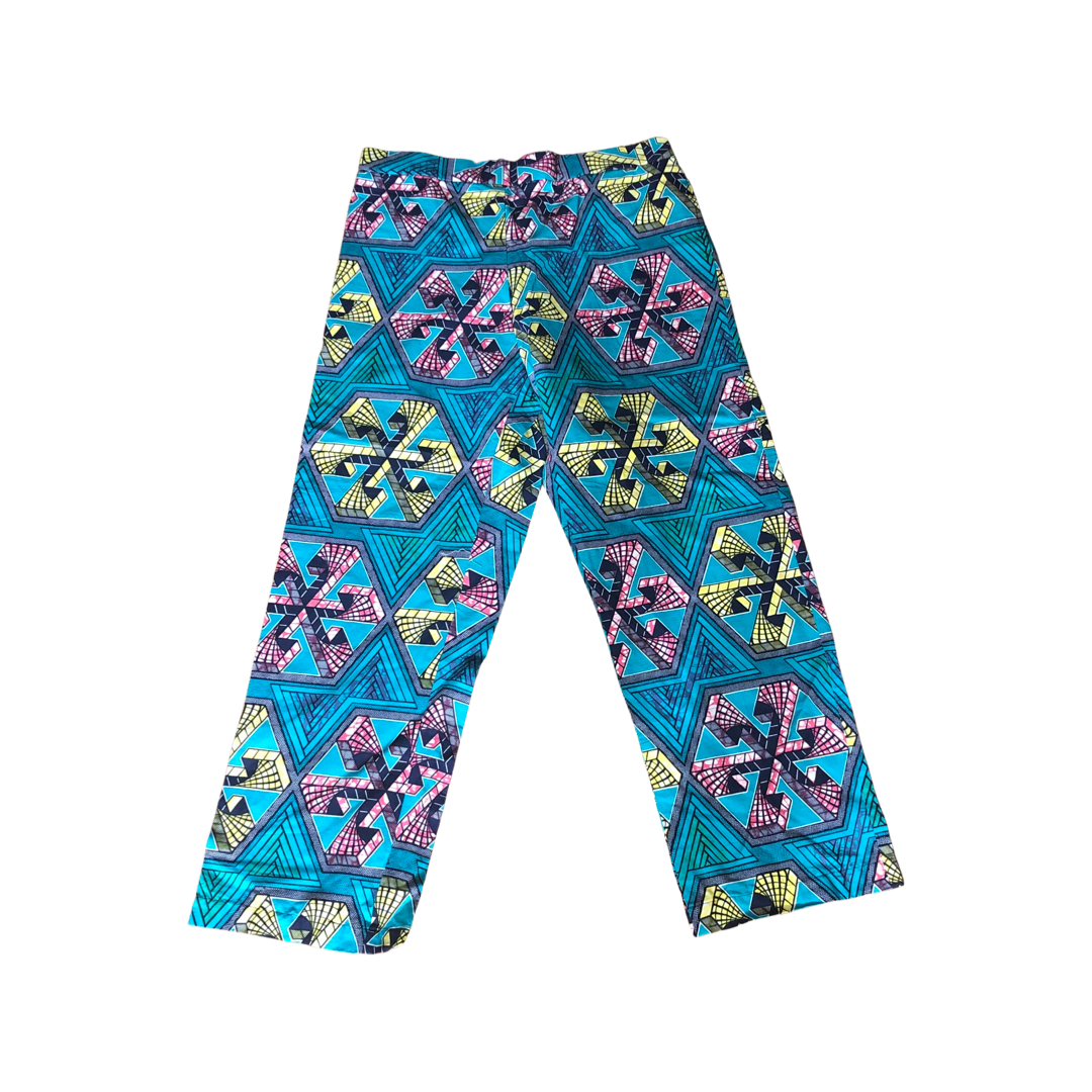Turquoise Blue, Pink, and Yellow Print Straight Leg Pants